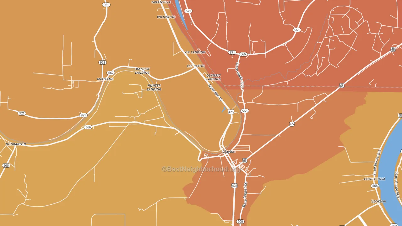 Map of the best neighborhoods in the 71326 area, with better matches in green and worse matches in red