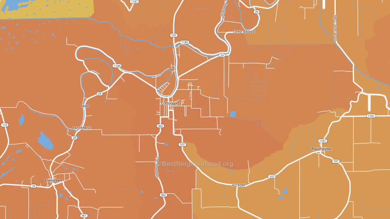 Map of the best neighborhoods in the 71327 area, with better matches in green and worse matches in red