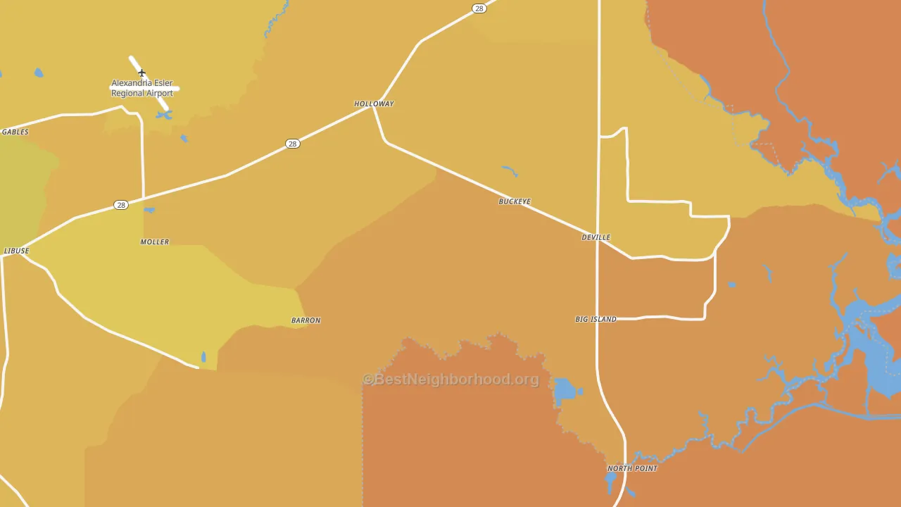Map of the best neighborhoods in the 71328 area, with better matches in green and worse matches in red