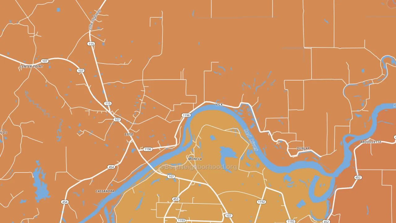 Map of the best neighborhoods in the 71331 area, with better matches in green and worse matches in red