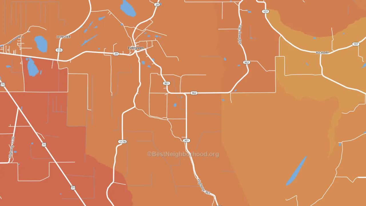 Map of the best neighborhoods in the 71333 area, with better matches in green and worse matches in red