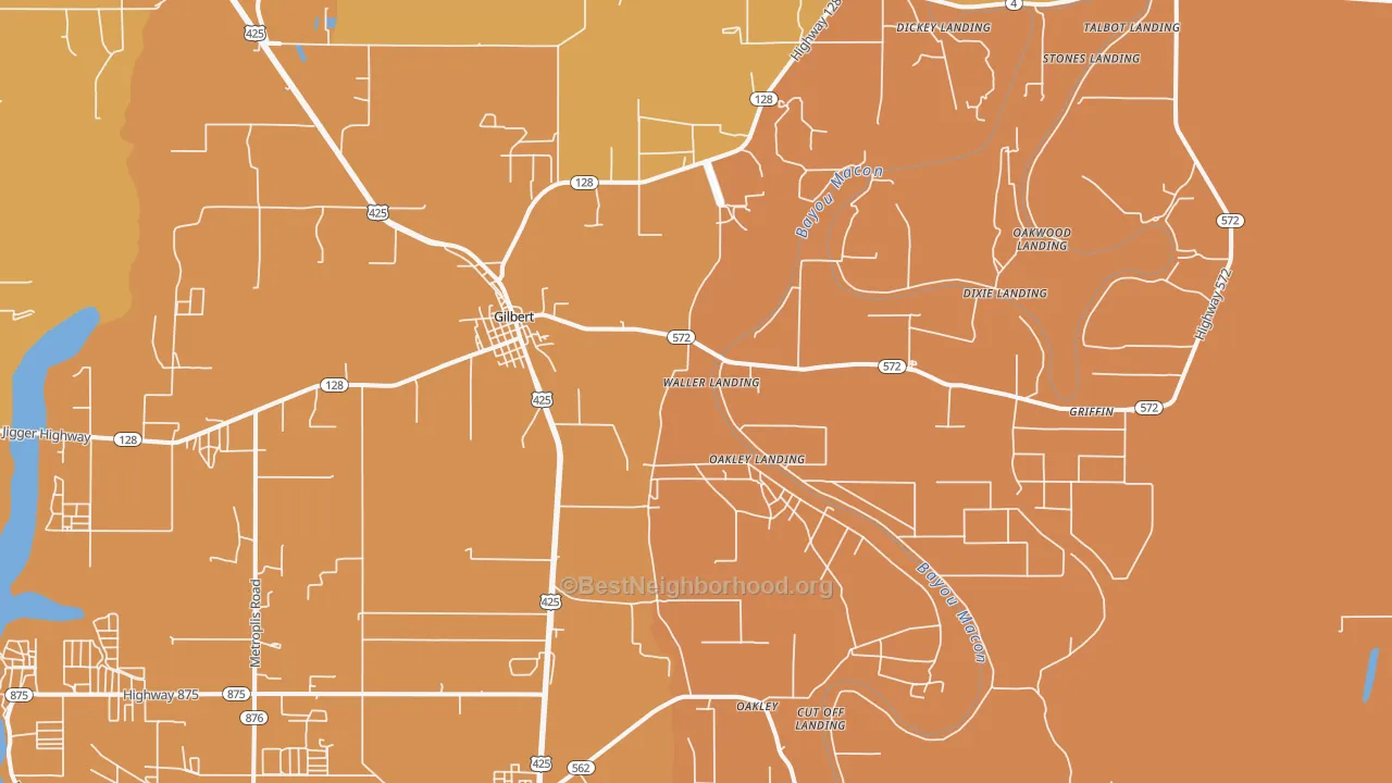 Map of the best neighborhoods in the 71336 area, with better matches in green and worse matches in red