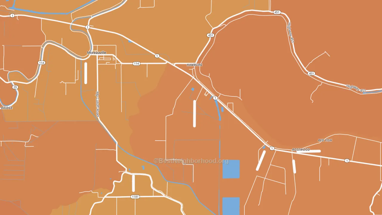 Map of the best neighborhoods in the 71339 area, with better matches in green and worse matches in red