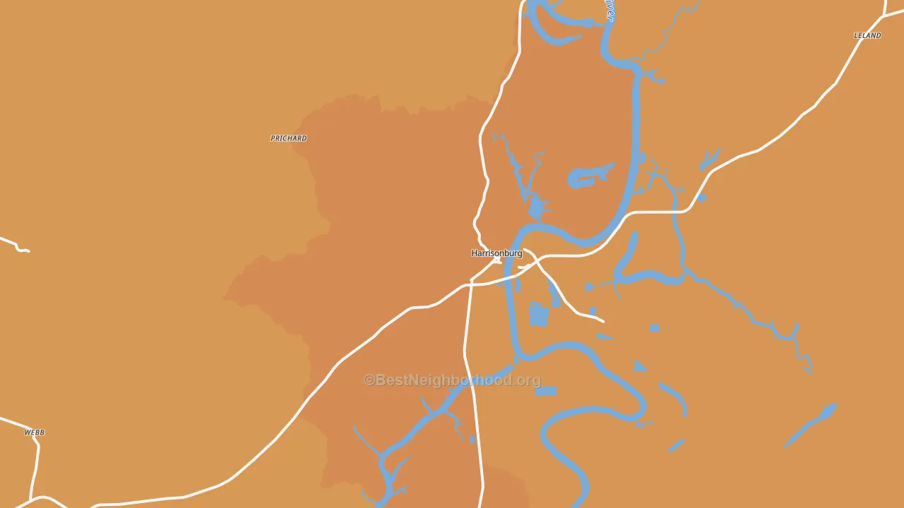 Map of the best neighborhoods in the 71340 area, with better matches in green and worse matches in red