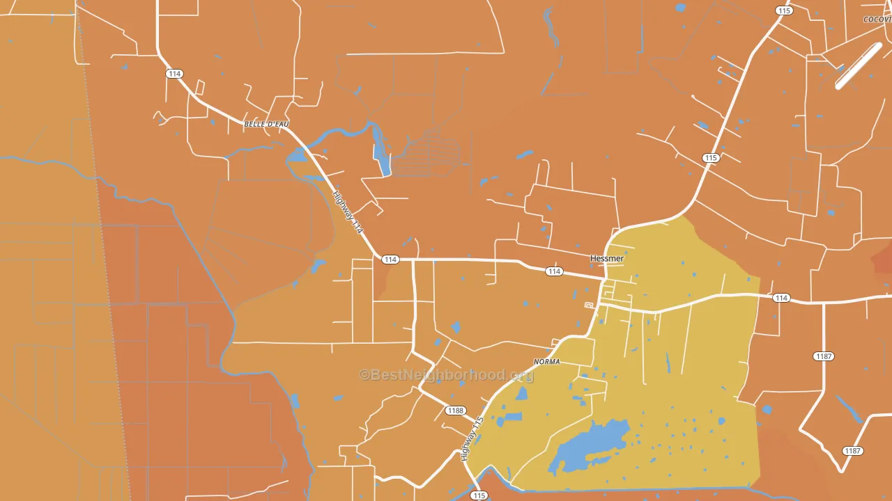 Map of the best neighborhoods in the 71341 area, with better matches in green and worse matches in red