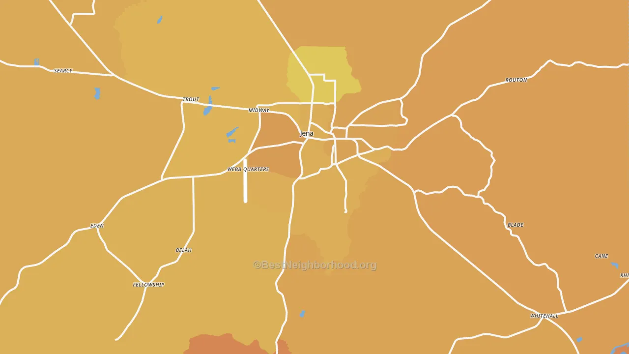 Map of the best neighborhoods in the 71342 area, with better matches in green and worse matches in red