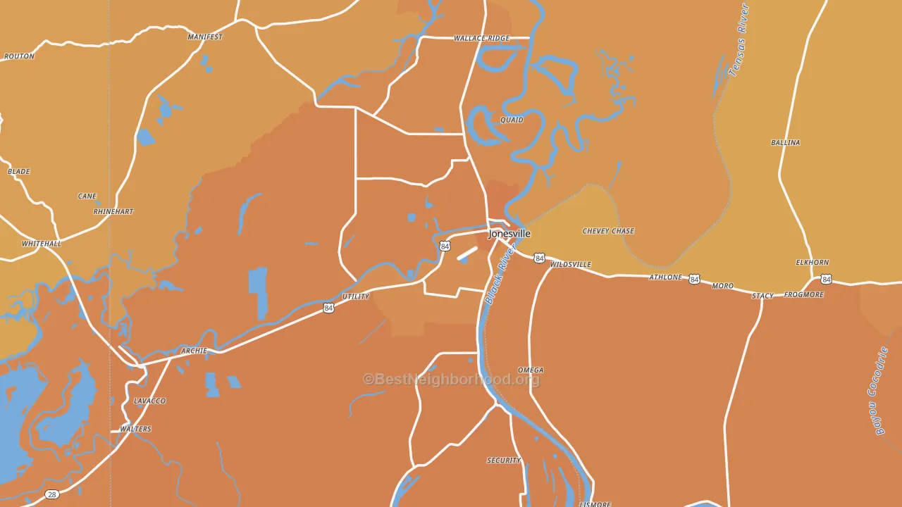 Map of the best neighborhoods in the 71343 area, with better matches in green and worse matches in red