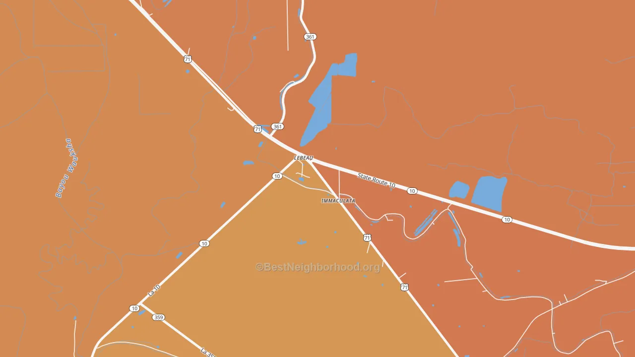 Map of the best neighborhoods in the 71345 area, with better matches in green and worse matches in red