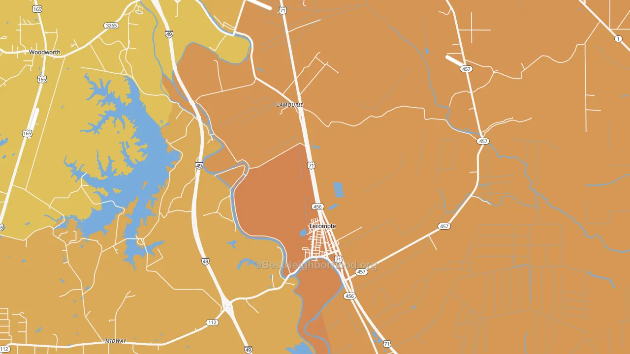 Map of the best neighborhoods in the 71346 area, with better matches in green and worse matches in red