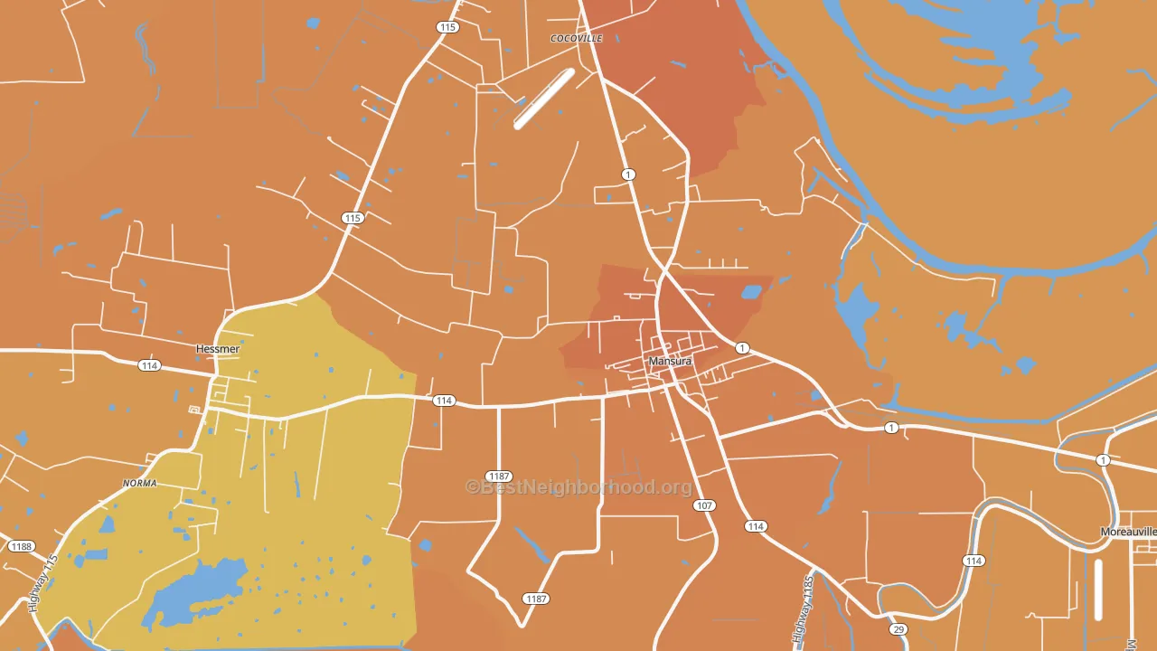 Map of the best neighborhoods in the 71350 area, with better matches in green and worse matches in red