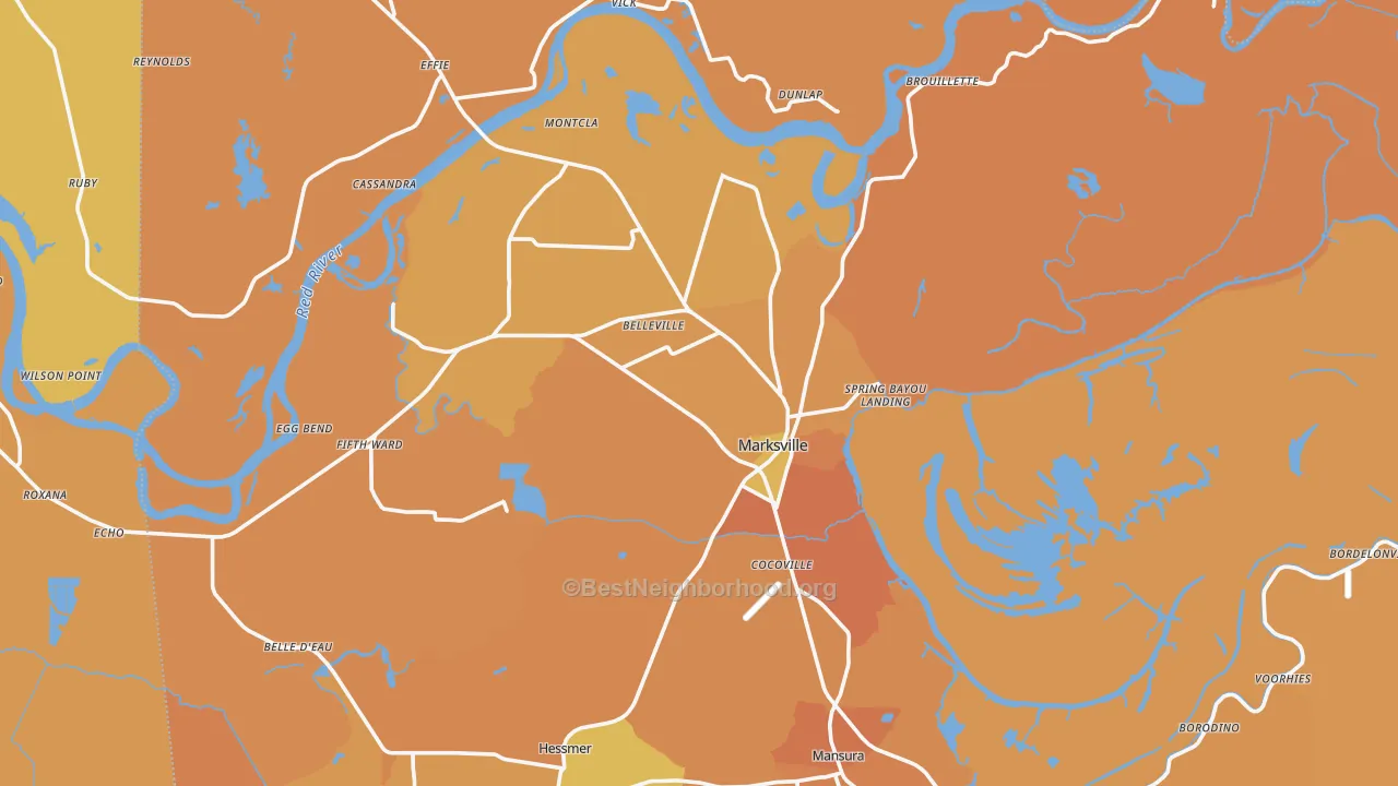 Map of the best neighborhoods in the 71351 area, with better matches in green and worse matches in red