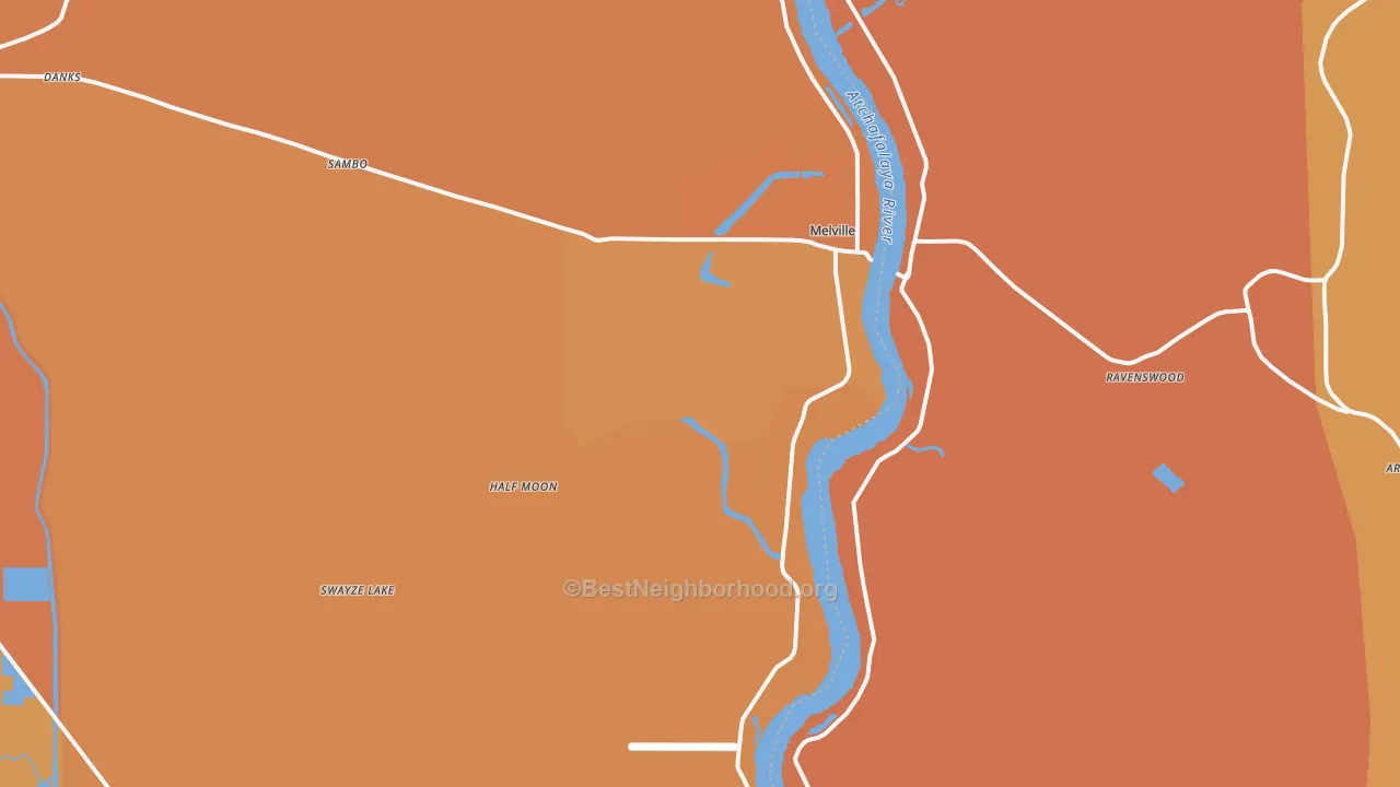 Map of the best neighborhoods in the 71353 area, with better matches in green and worse matches in red
