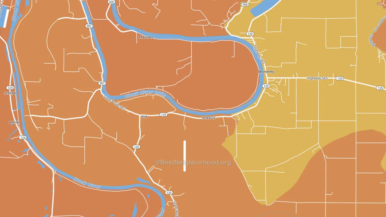 Map of the best neighborhoods in the 71354 area, with better matches in green and worse matches in red
