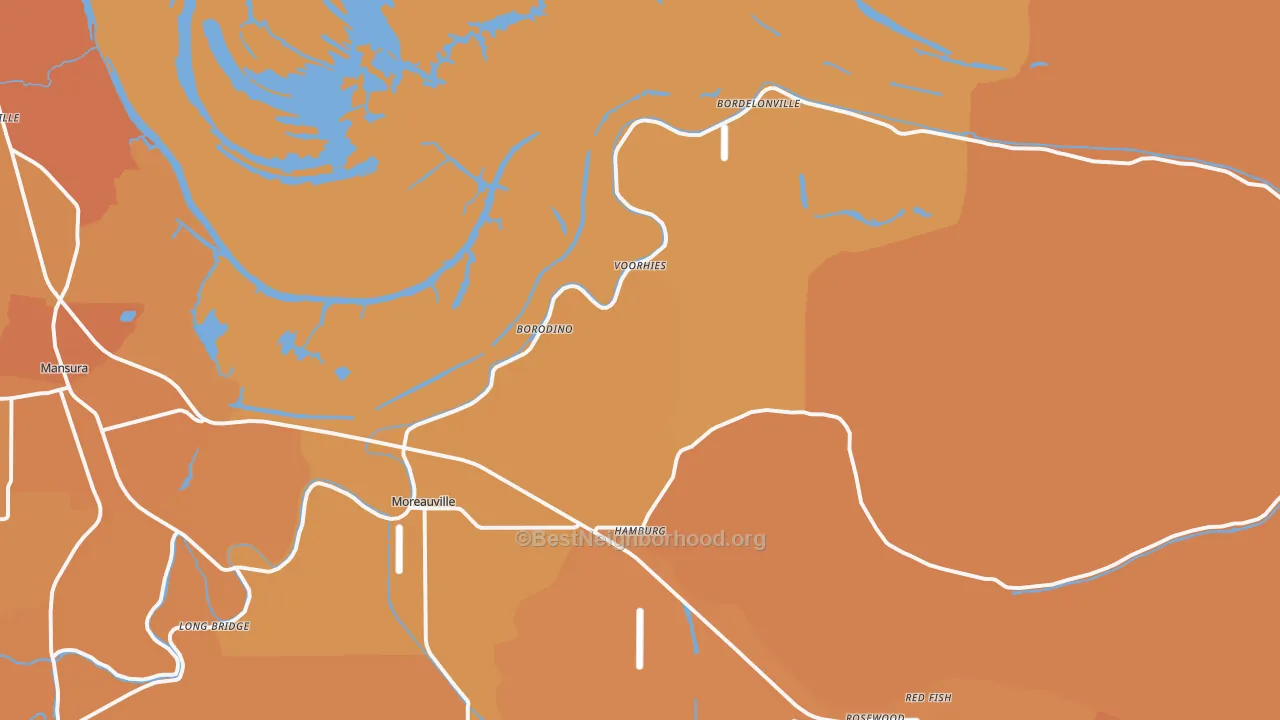 Map of the best neighborhoods in the 71355 area, with better matches in green and worse matches in red