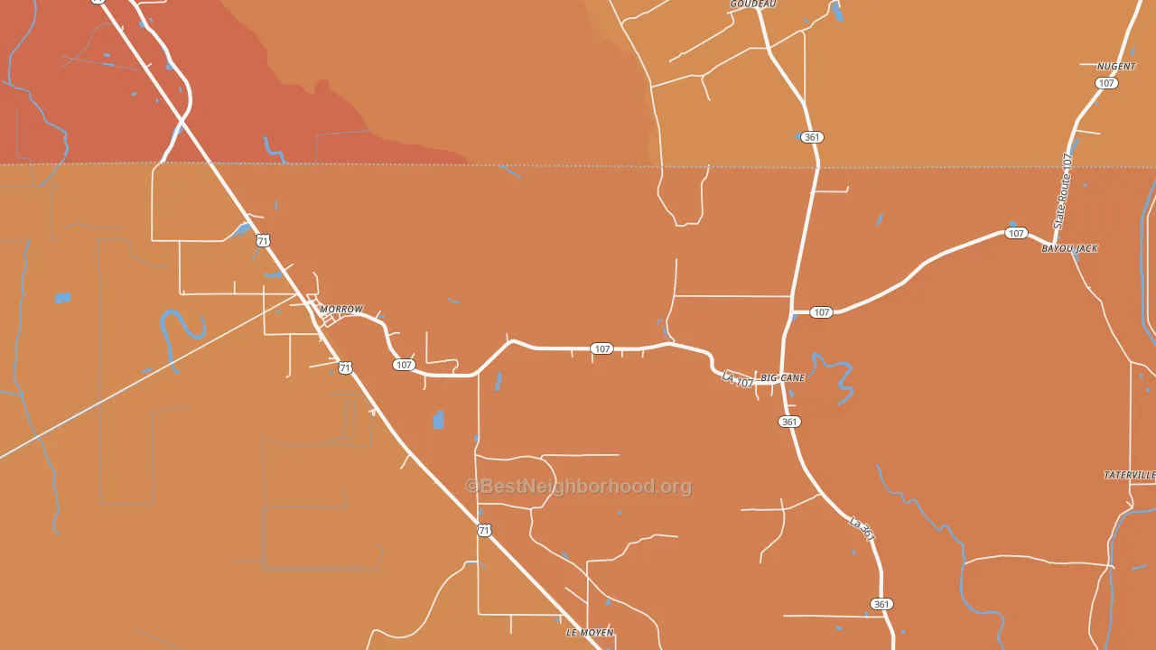 Map of the best neighborhoods in the 71356 area, with better matches in green and worse matches in red