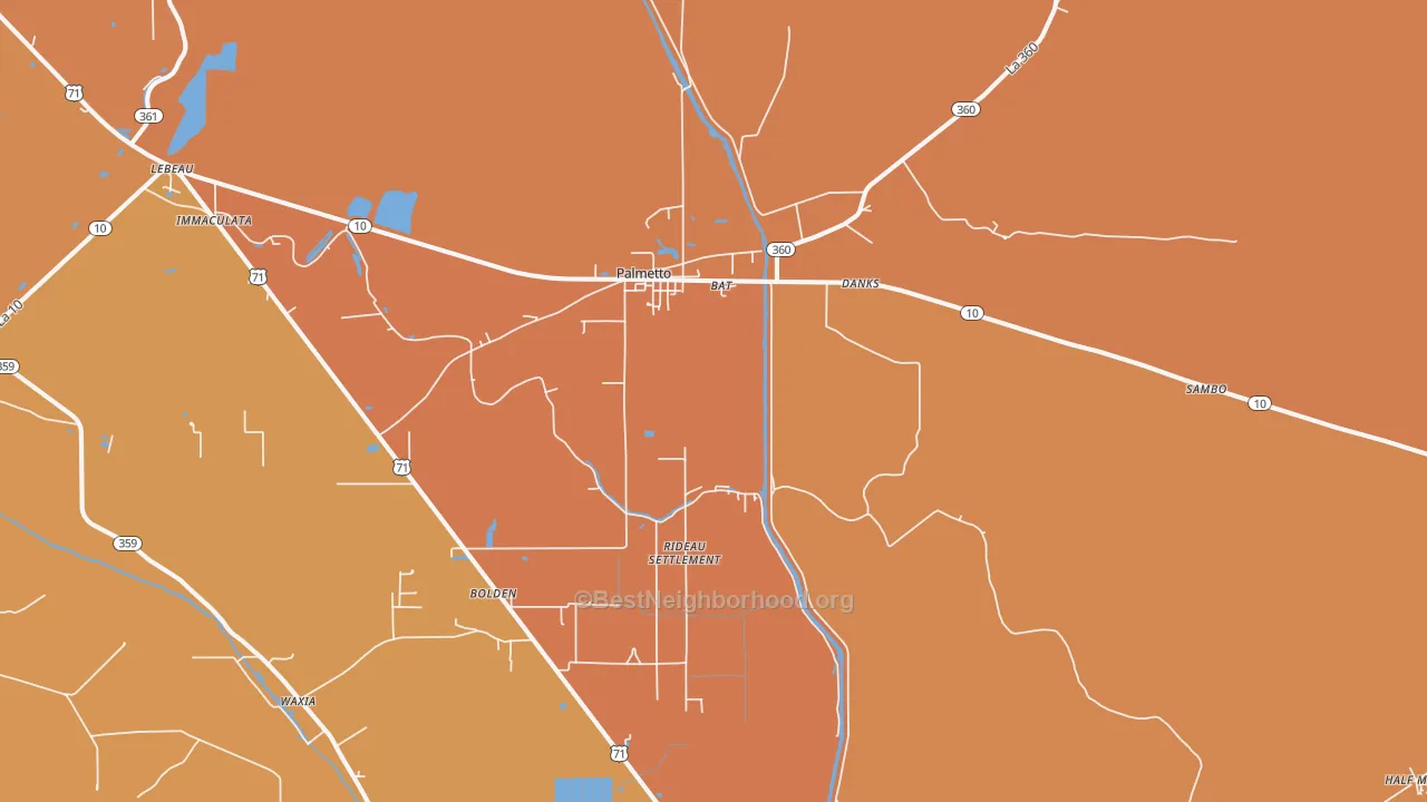 Map of the best neighborhoods in the 71358 area, with better matches in green and worse matches in red