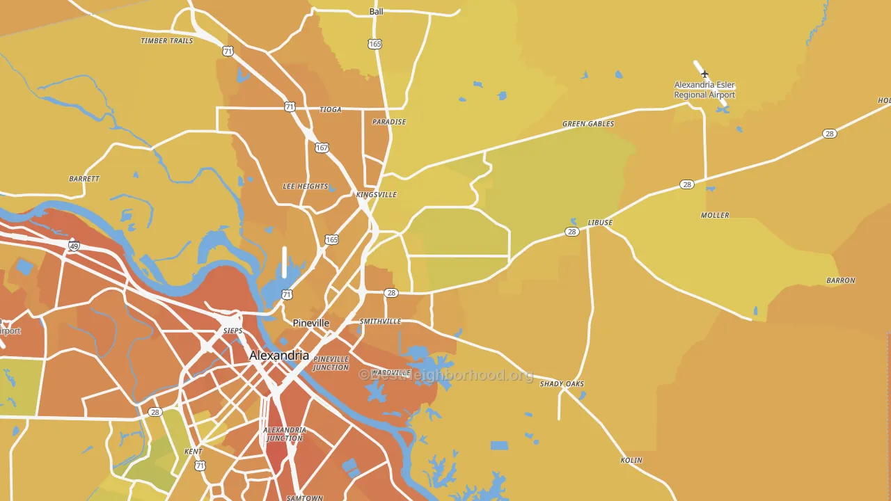 Map of the best neighborhoods in the 71360 area, with better matches in green and worse matches in red