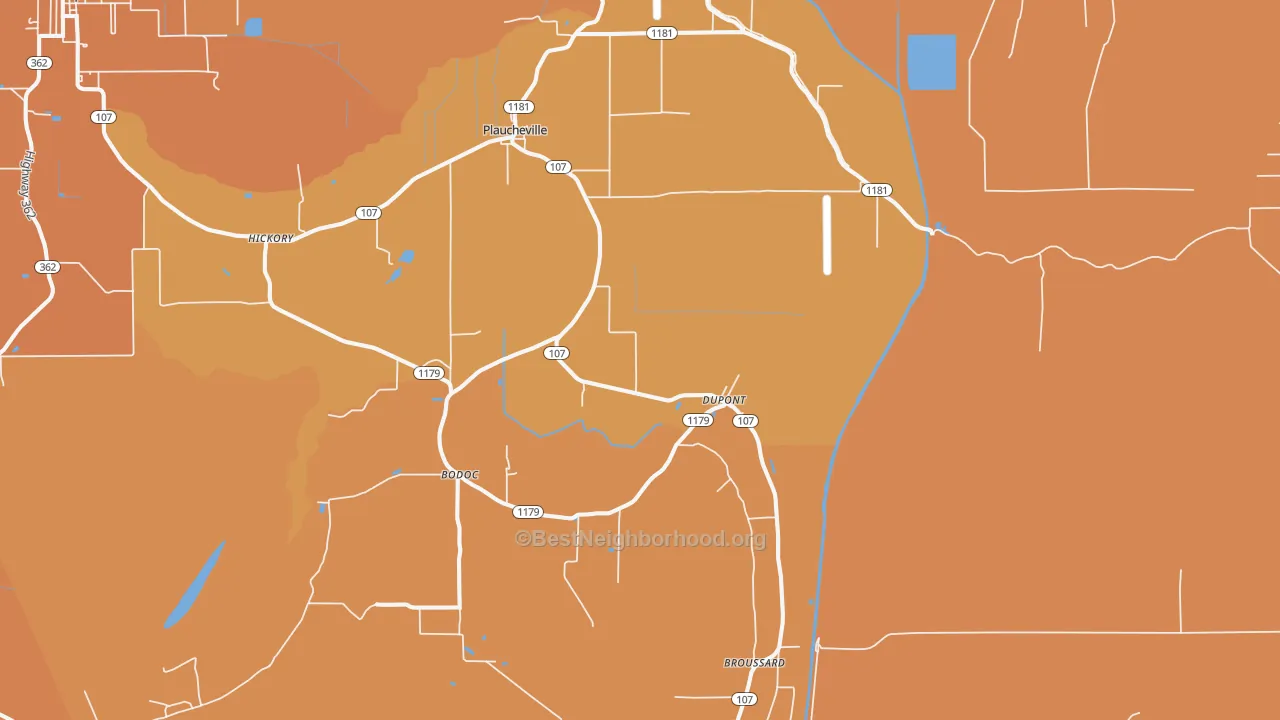 Map of the best neighborhoods in the 71362 area, with better matches in green and worse matches in red