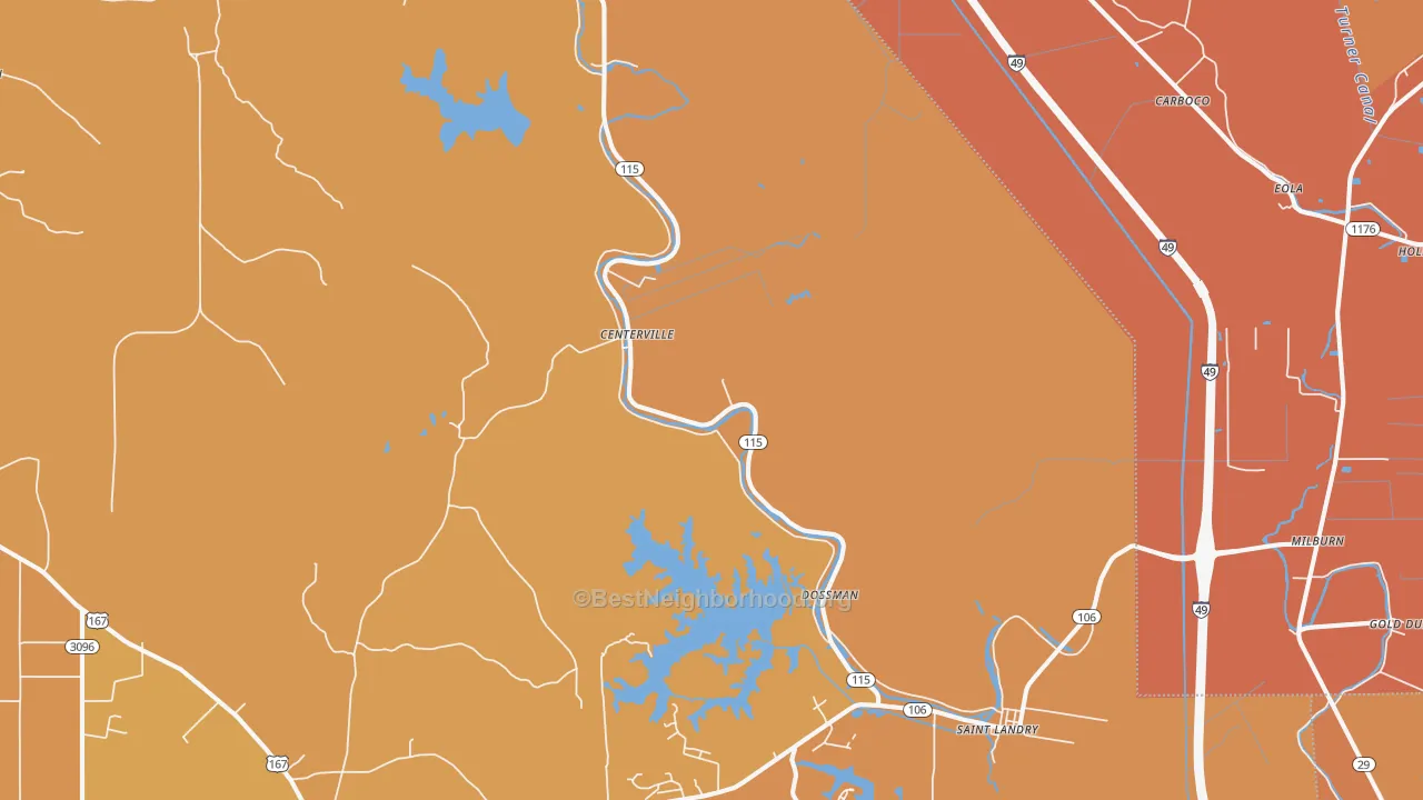 Map of the best neighborhoods in the 71367 area, with better matches in green and worse matches in red