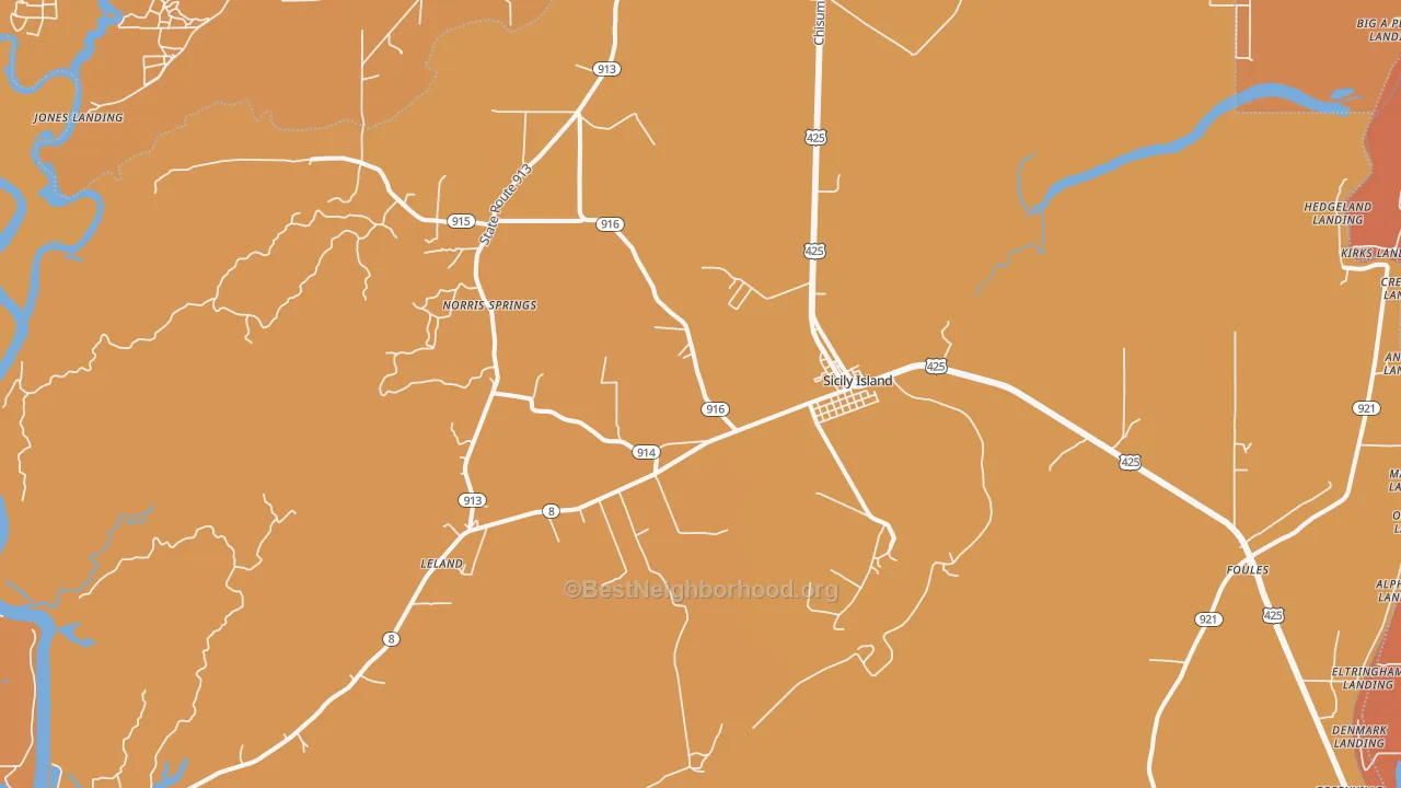 Map of the best neighborhoods in the 71368 area, with better matches in green and worse matches in red
