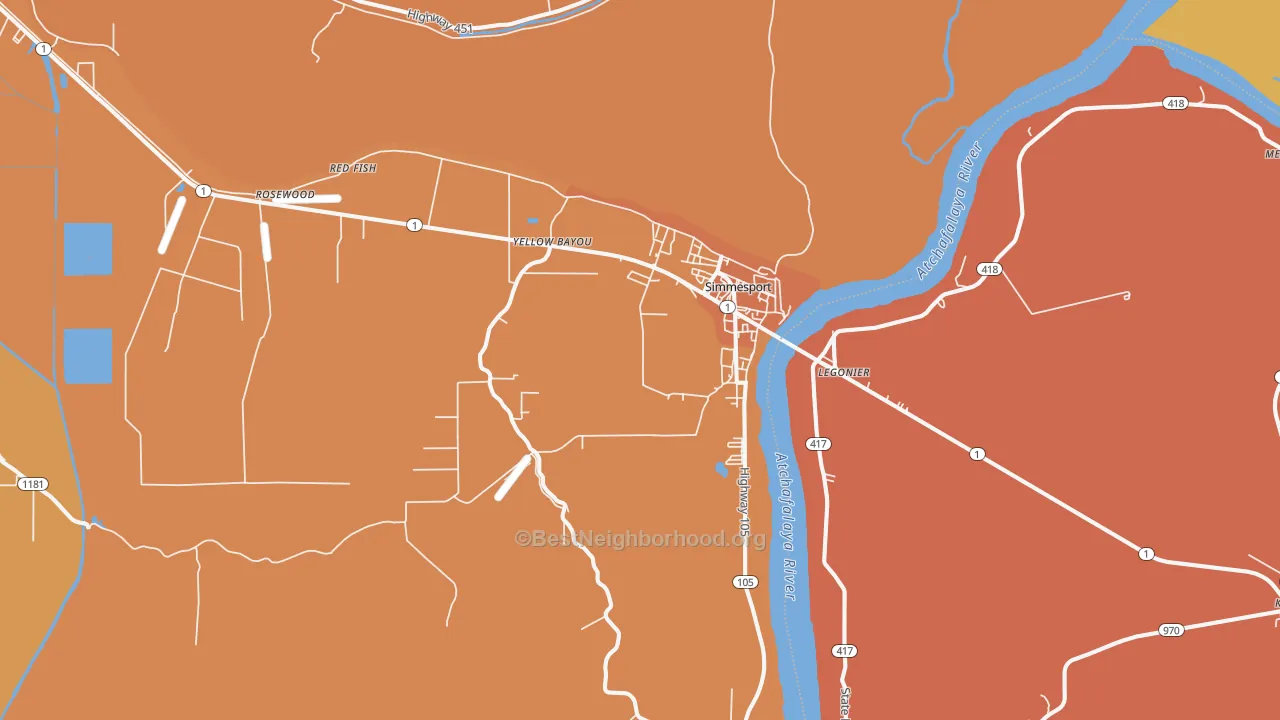 Map of the best neighborhoods in the 71369 area, with better matches in green and worse matches in red