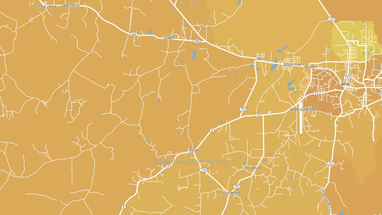 Map of the best neighborhoods in the 71371 area, with better matches in green and worse matches in red