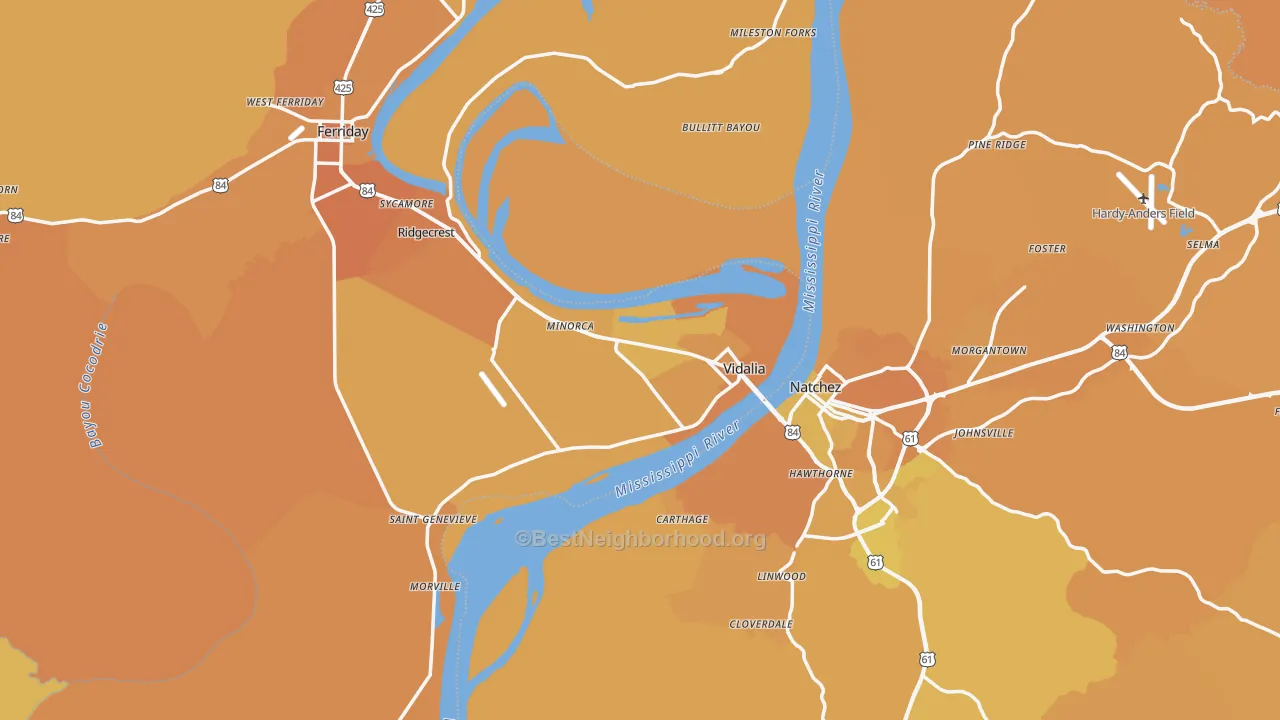 Map of the best neighborhoods in the 71373 area, with better matches in green and worse matches in red