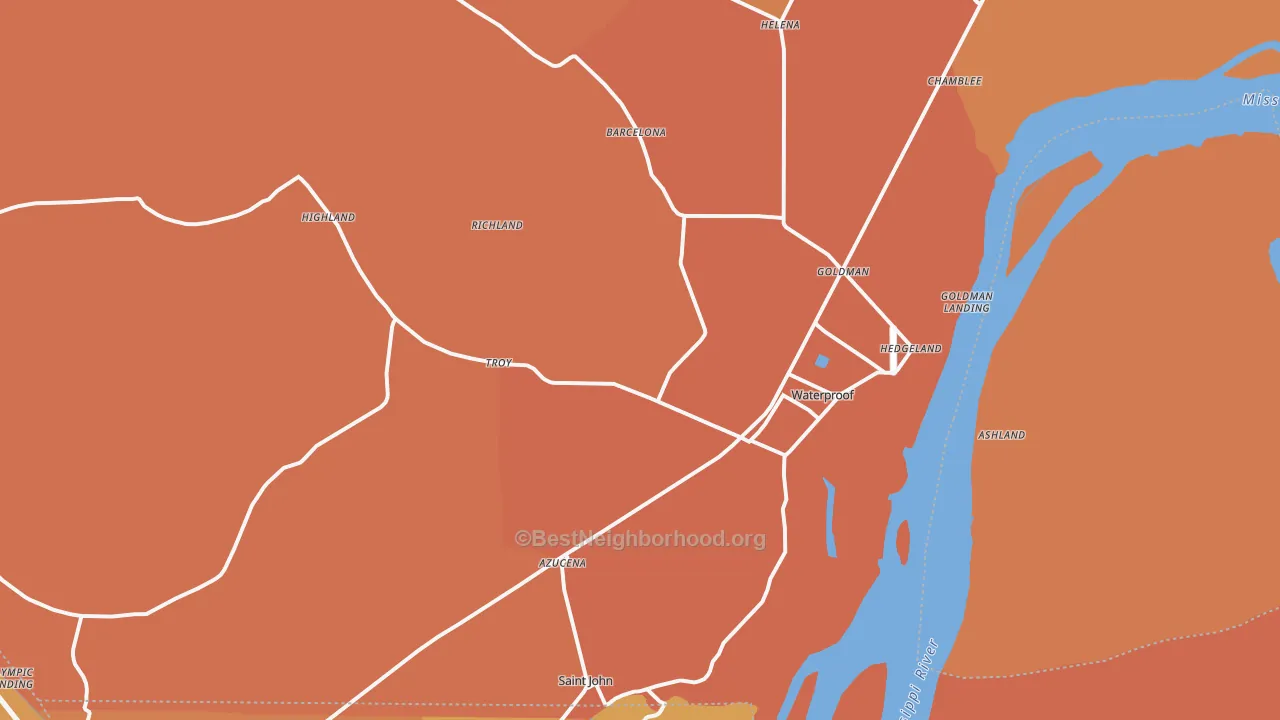Map of the best neighborhoods in the 71375 area, with better matches in green and worse matches in red