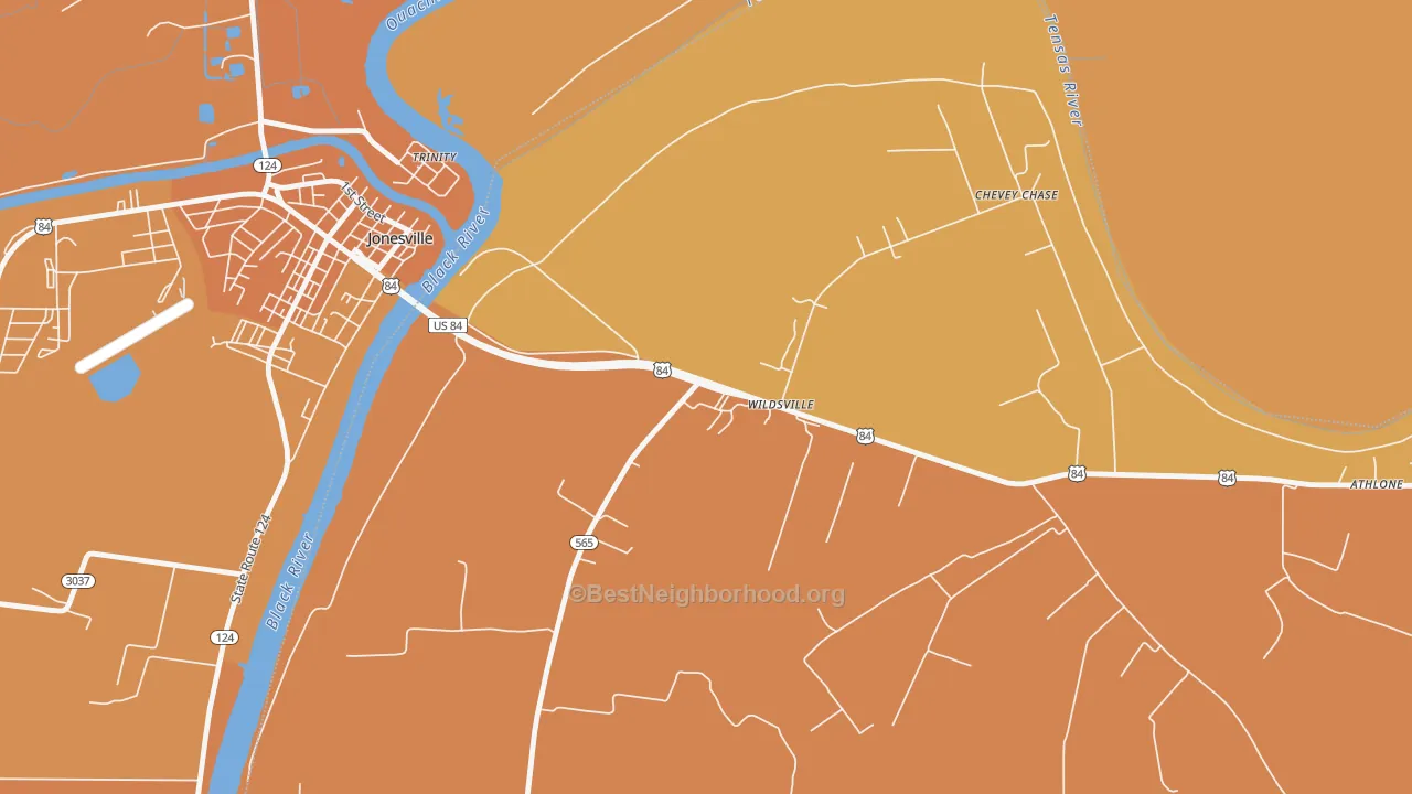 Map of the best neighborhoods in the 71377 area, with better matches in green and worse matches in red