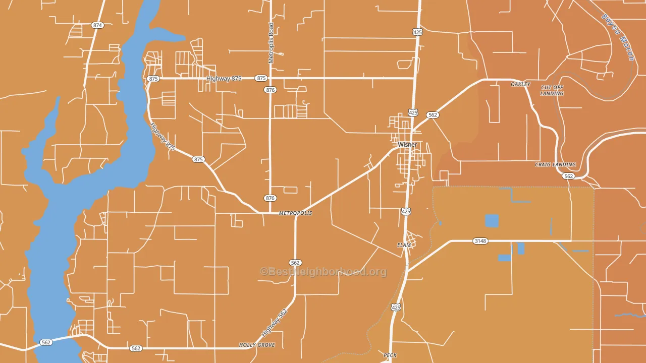 Map of the best neighborhoods in the 71378 area, with better matches in green and worse matches in red