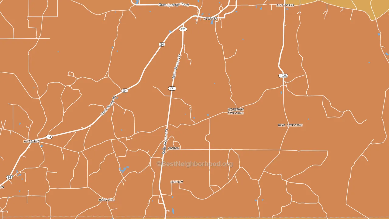 Map of the best neighborhoods in the 71404 area, with better matches in green and worse matches in red
