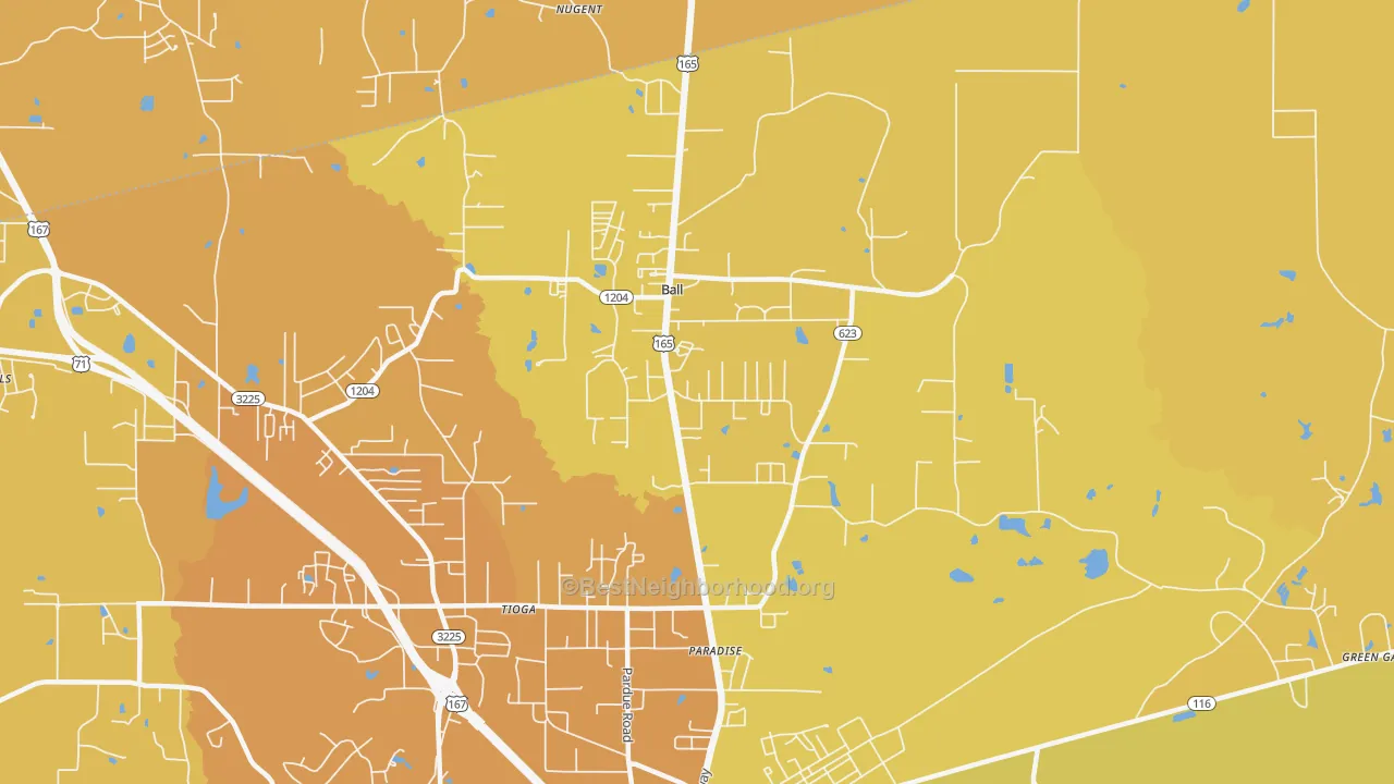 Map of the best neighborhoods in the 71405 area, with better matches in green and worse matches in red