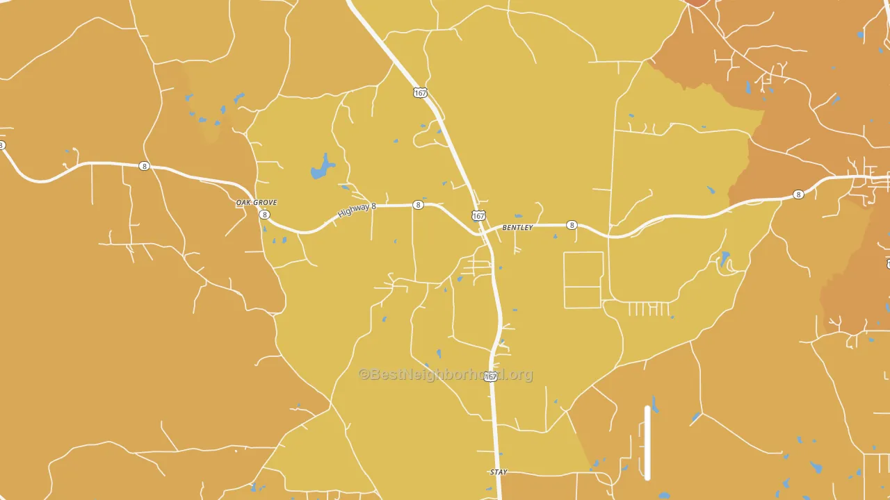 Map of the best neighborhoods in the 71407 area, with better matches in green and worse matches in red