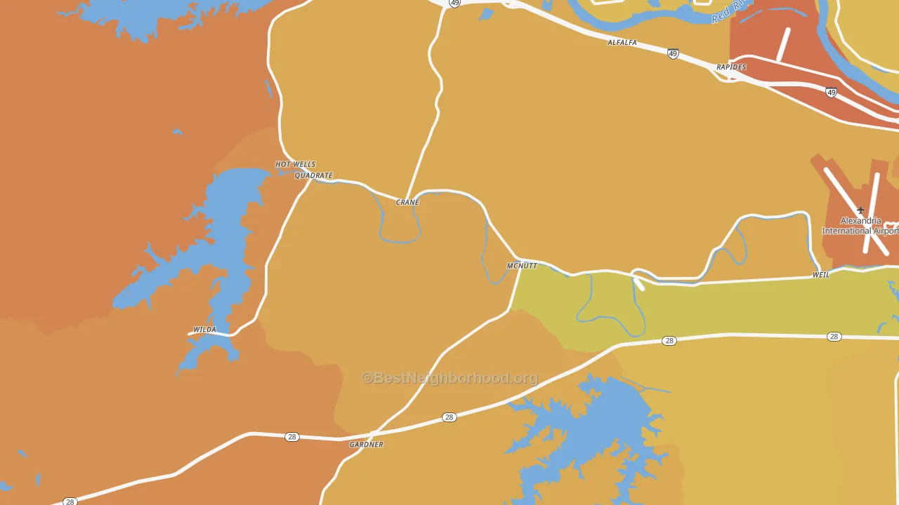 Map of the best neighborhoods in the 71409 area, with better matches in green and worse matches in red