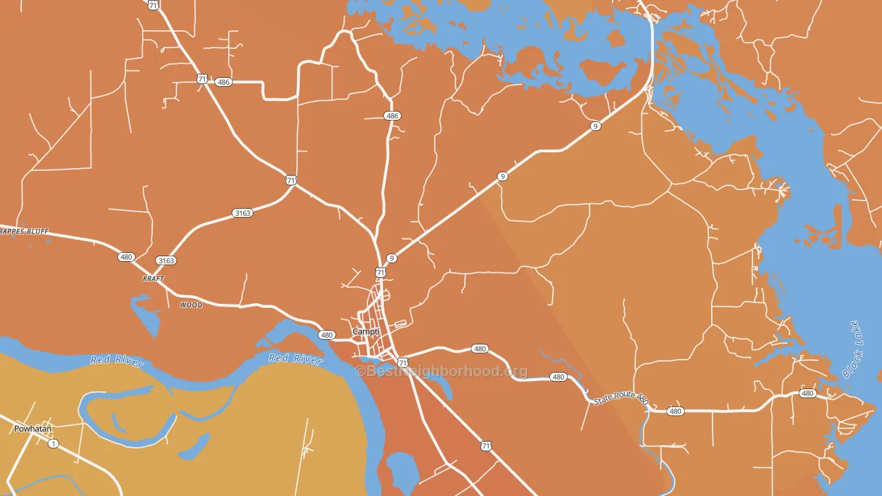 Map of the best neighborhoods in the 71411 area, with better matches in green and worse matches in red
