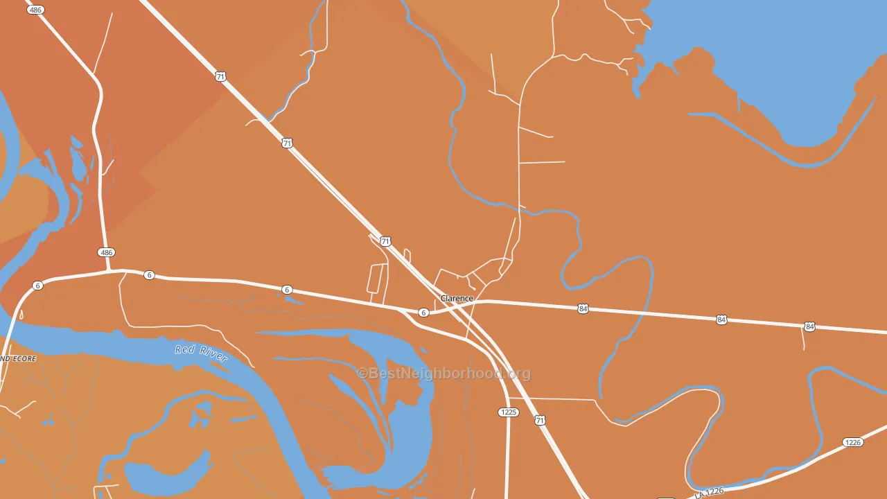 Map of the best neighborhoods in the 71414 area, with better matches in green and worse matches in red