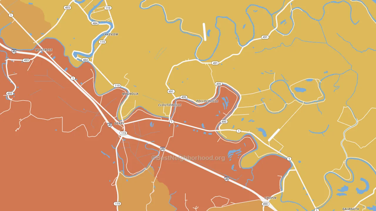 Map of the best neighborhoods in the 71416 area, with better matches in green and worse matches in red