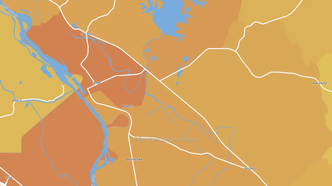 Map of the best neighborhoods in the 71417 area, with better matches in green and worse matches in red