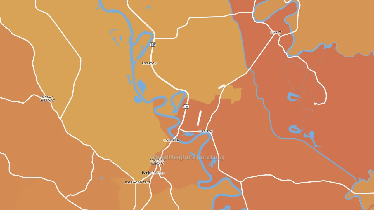 Map of the best neighborhoods in the 71418 area, with better matches in green and worse matches in red