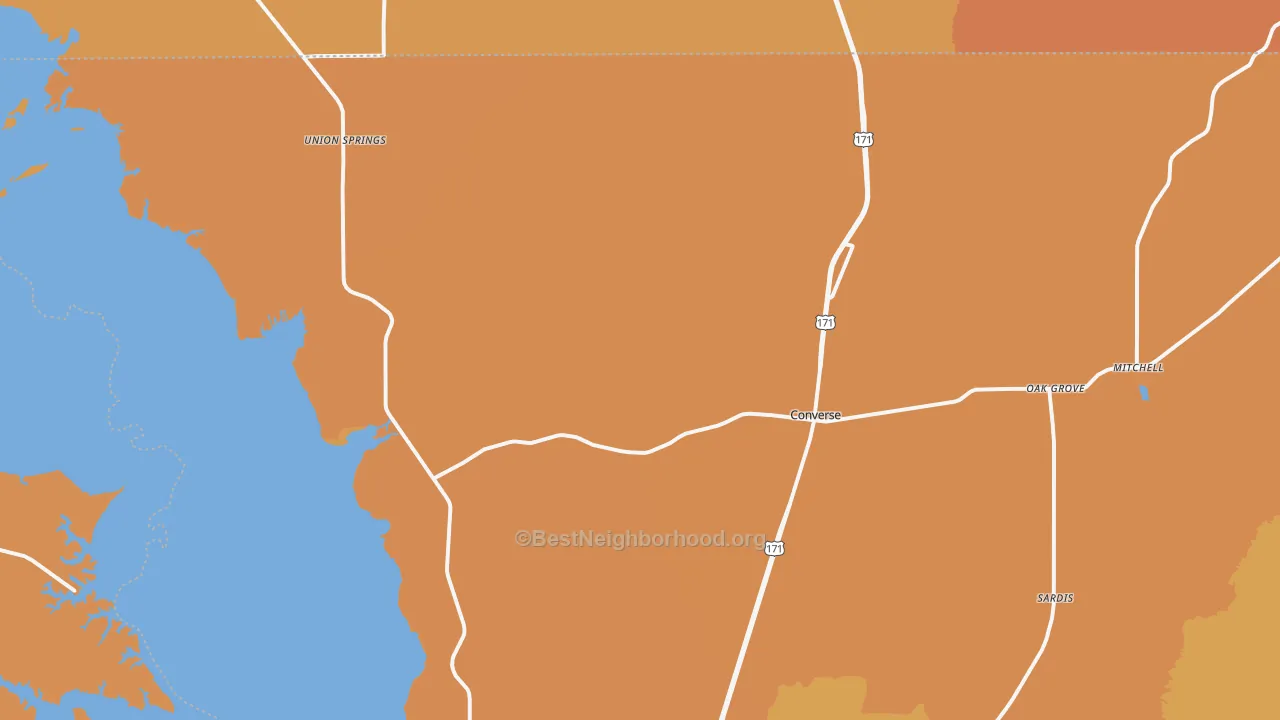Map of the best neighborhoods in the 71419 area, with better matches in green and worse matches in red