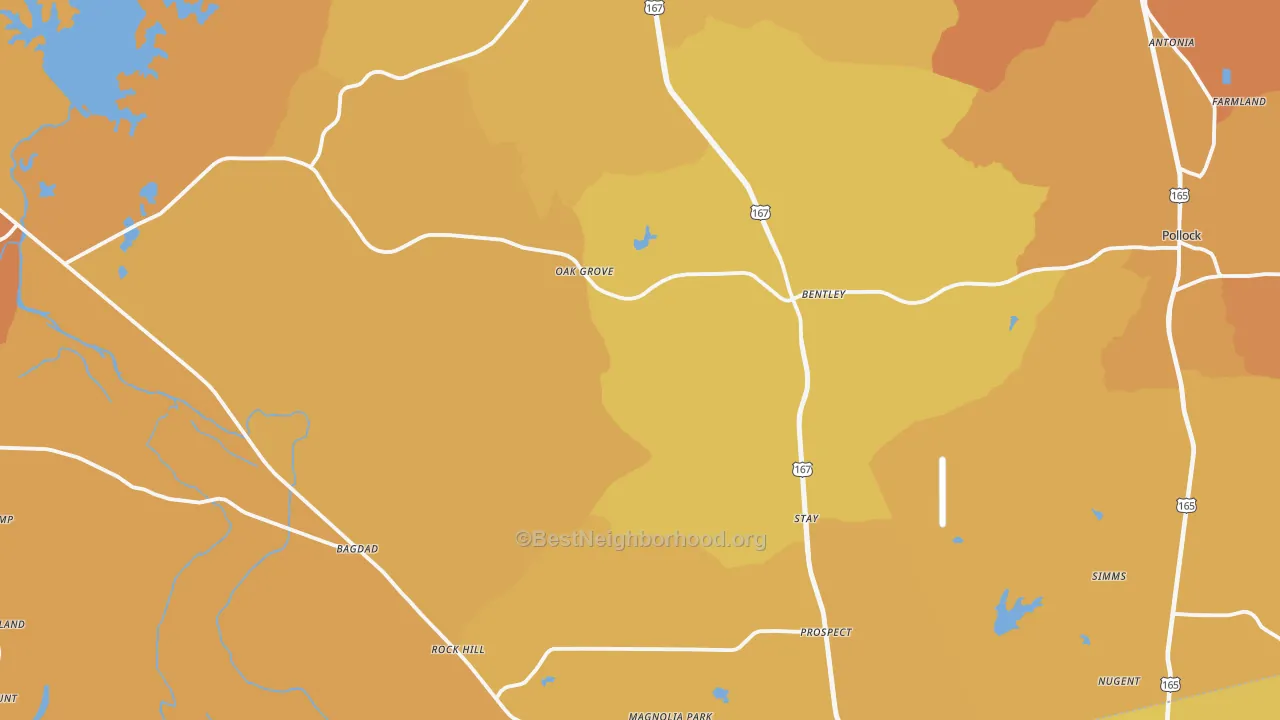 Map of the best neighborhoods in the 71423 area, with better matches in green and worse matches in red