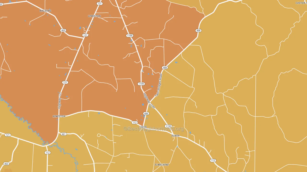 Map of the best neighborhoods in the 71424 area, with better matches in green and worse matches in red