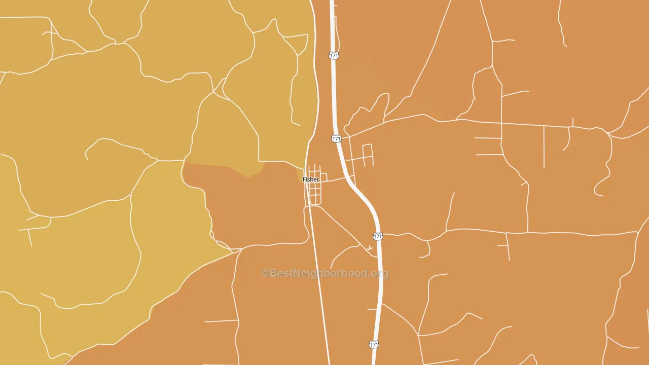 Map of the best neighborhoods in the 71426 area, with better matches in green and worse matches in red