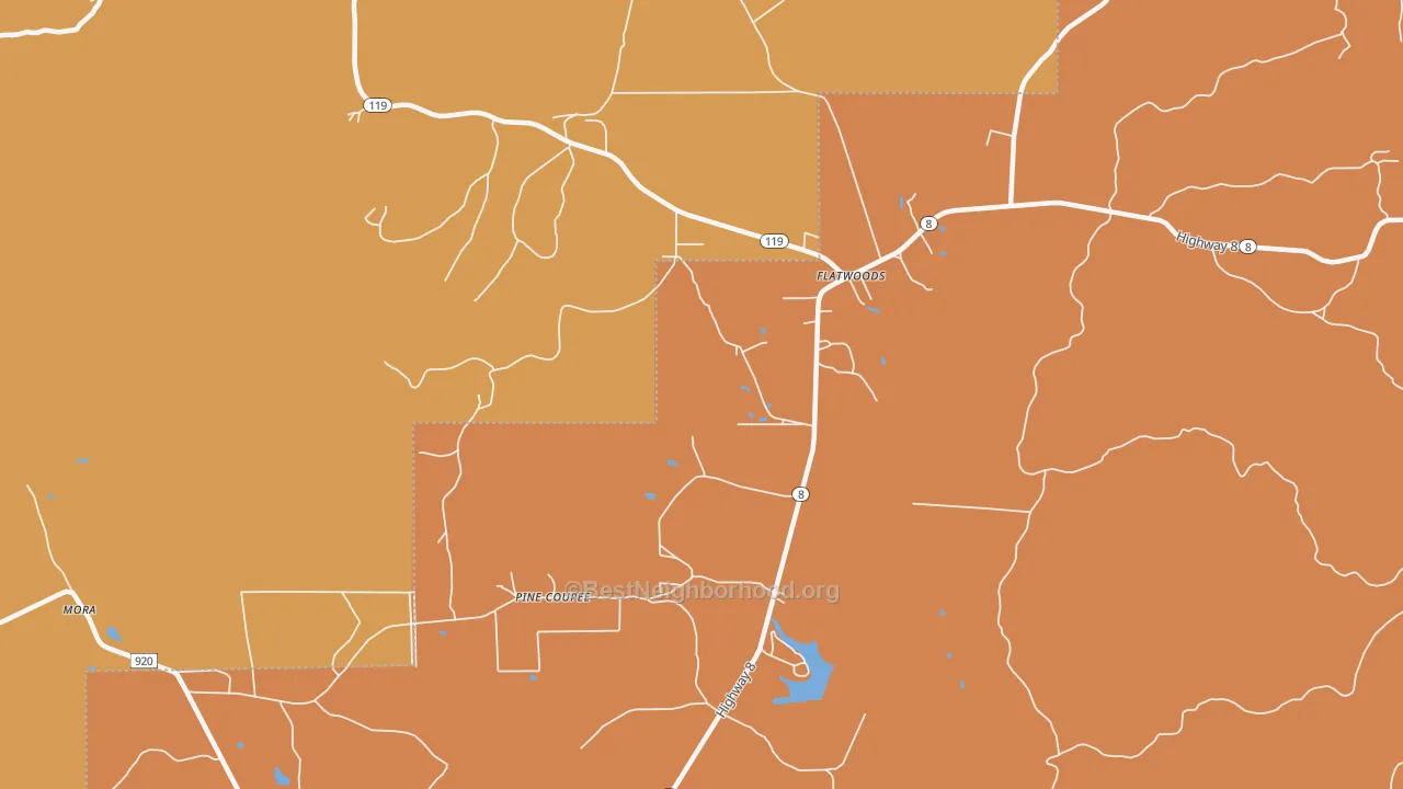 Map of the best neighborhoods in the 71427 area, with better matches in green and worse matches in red