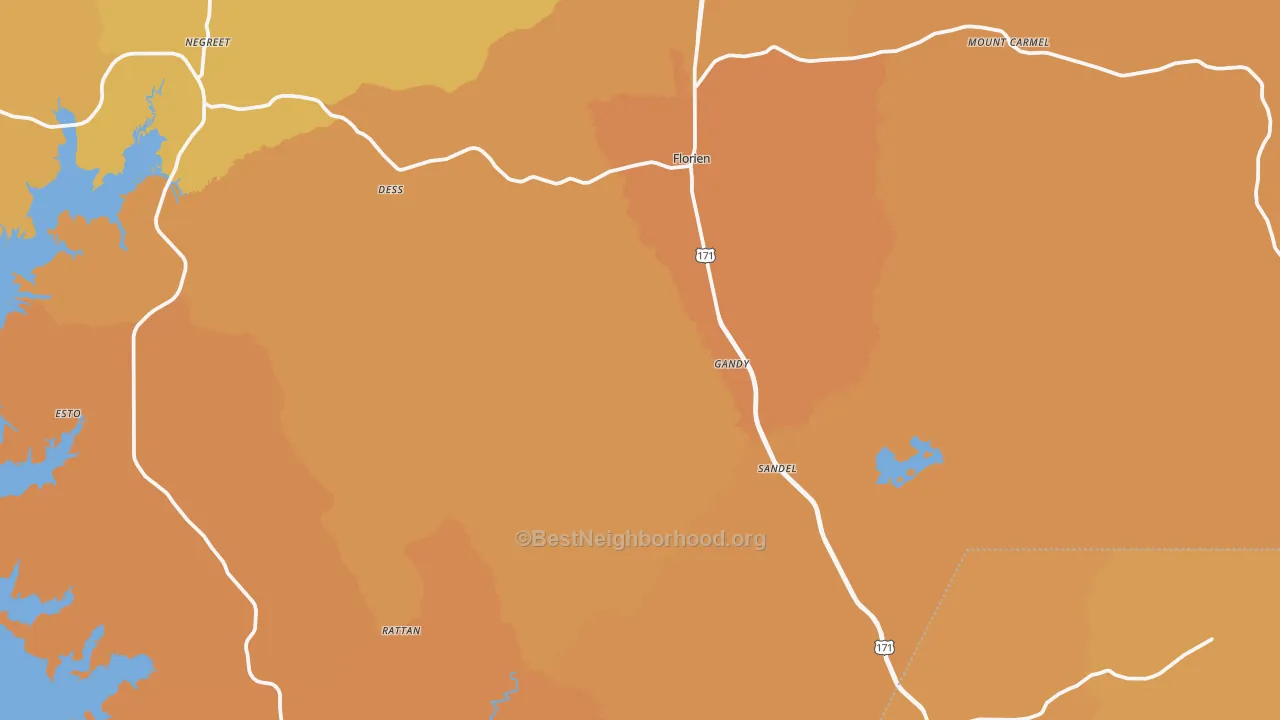 Map of the best neighborhoods in the 71429 area, with better matches in green and worse matches in red