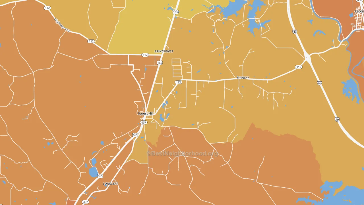 Map of the best neighborhoods in the 71430 area, with better matches in green and worse matches in red