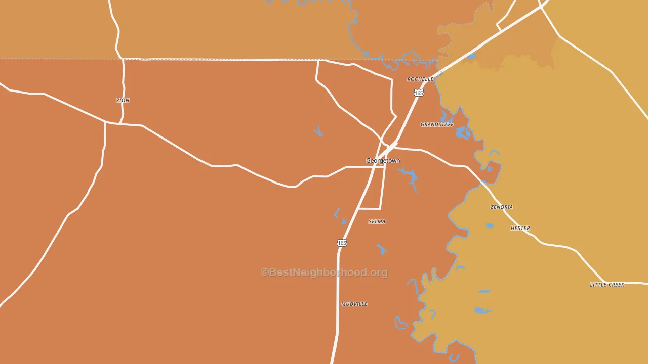Map of the best neighborhoods in the 71432 area, with better matches in green and worse matches in red