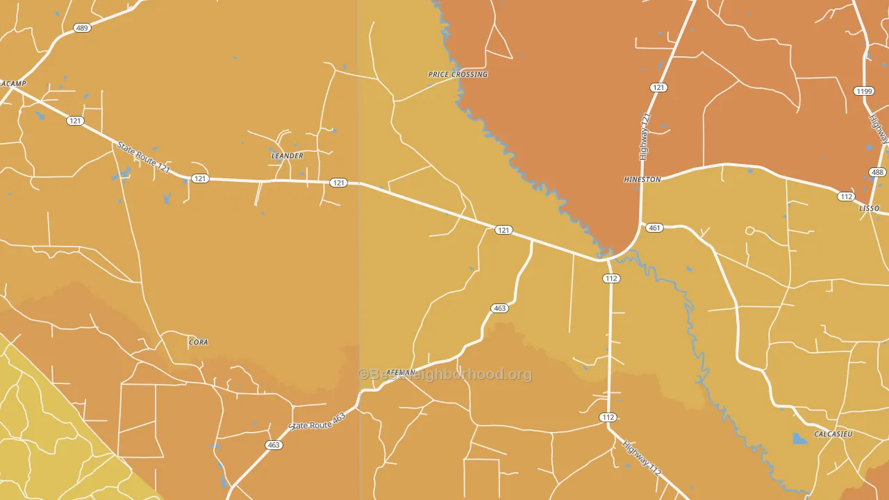 Map of the best neighborhoods in the 71438 area, with better matches in green and worse matches in red