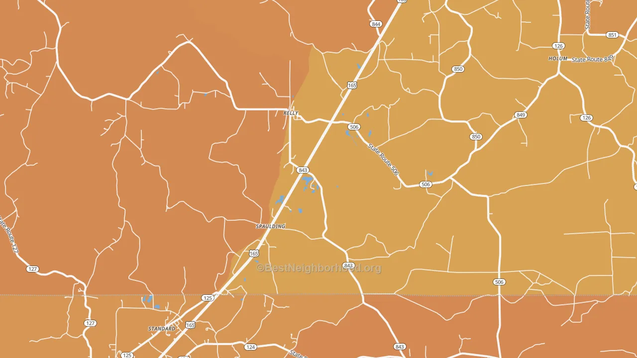 Map of the best neighborhoods in the 71441 area, with better matches in green and worse matches in red
