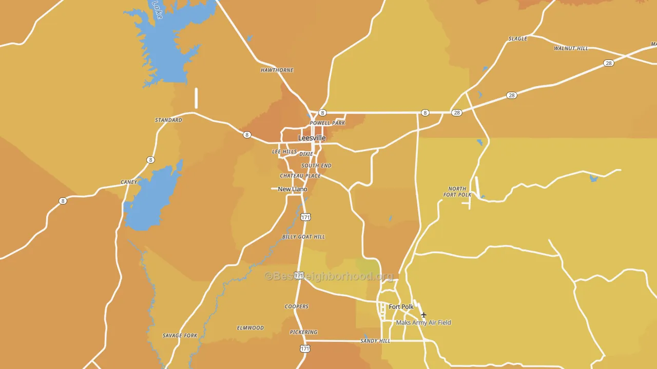 Map of the best neighborhoods in the 71446 area, with better matches in green and worse matches in red